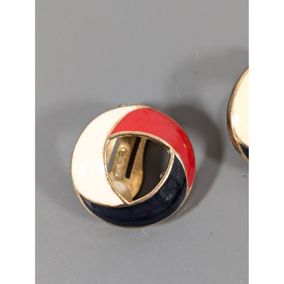 Vintage Red White Blue Enamel Knot Round Clip On Earrings Gold Tone Nautical - Picture 4 of 6